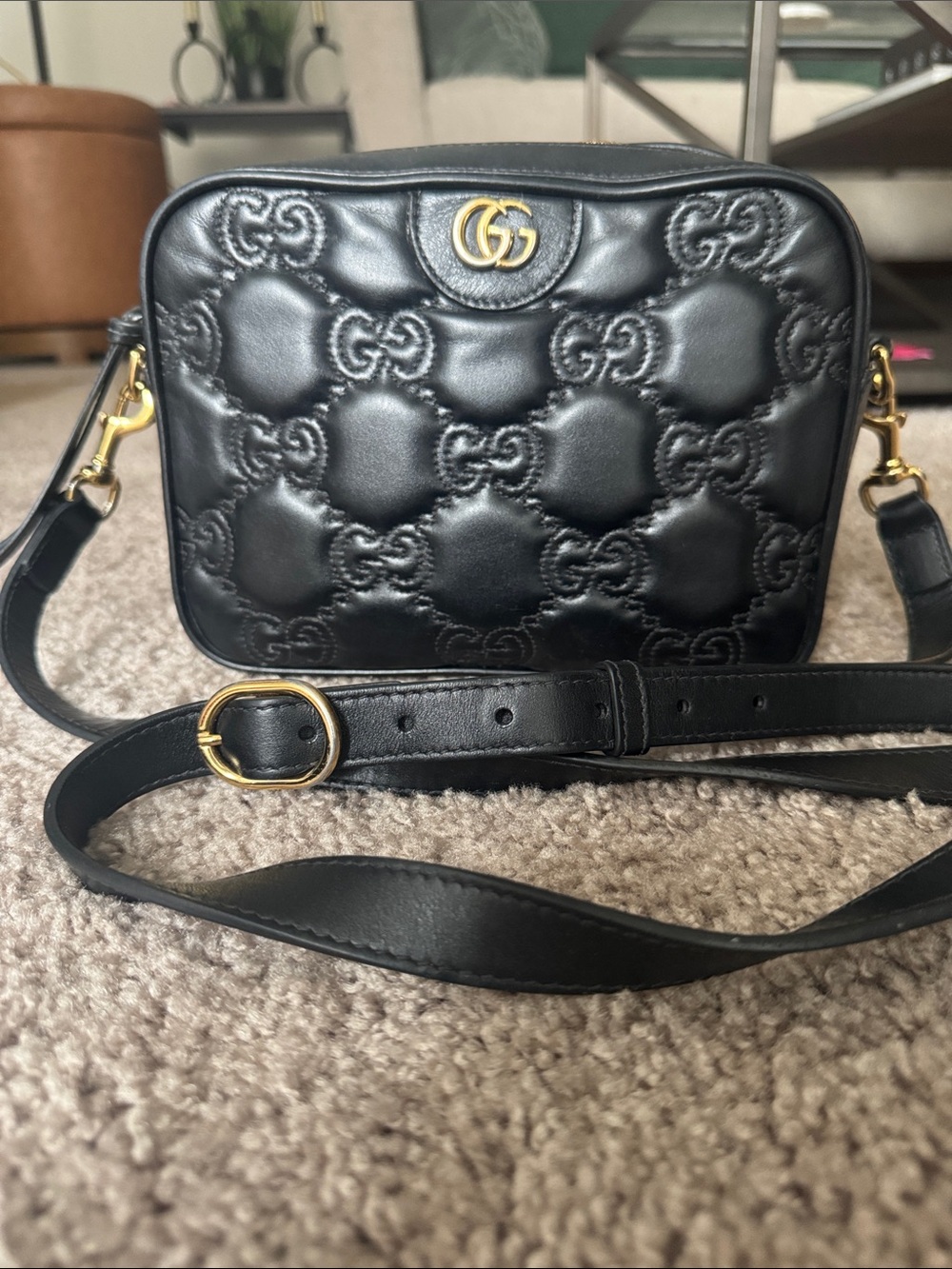 Gucci Black Quilted GG Leather Crossbody with Gold Hardware
